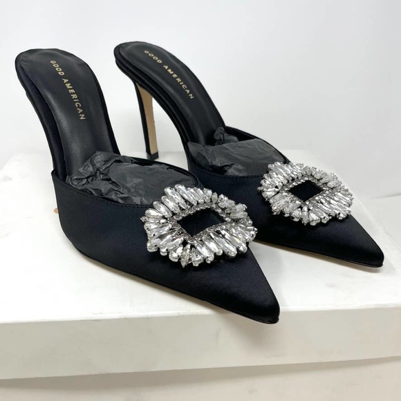Good American Jeweled Satin Slipper Mules Heels In Black Size 9 NEW - Picture 3 of 15